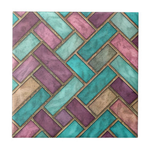 Teal and Mauve Herringbone Tile Pattern - Brick