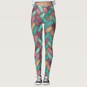 Teal and Mauve Herringbone Tile Pattern - Brick Leggings