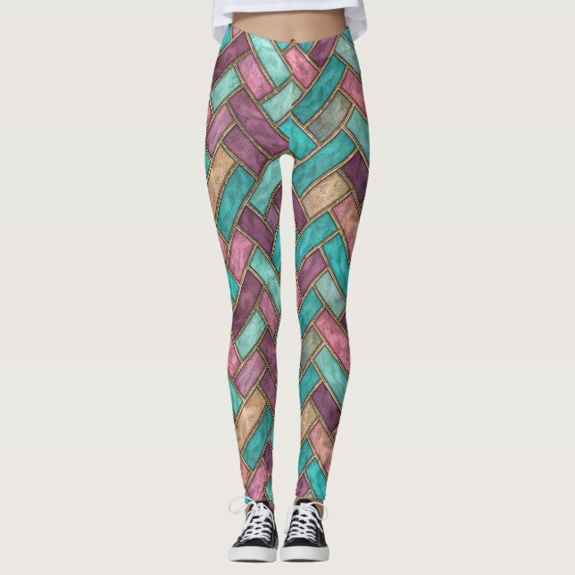 Teal and Mauve Herringbone Tile Pattern - Brick Leggings (Front)