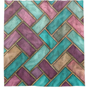 Teal and Mauve Herringbone Tile Pattern - Brick Shower Curtain