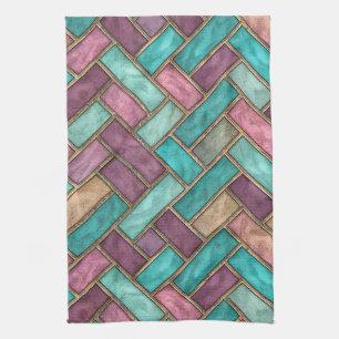 Teal and Mauve Herringbone Tile Pattern - Brick Tea Towel