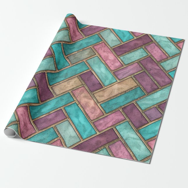Teal and Mauve Herringbone Tile Pattern - Brick Wrapping Paper (Unrolled)