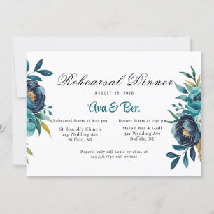Teal and Navy Blue Peony Rehearsal Dinner Invitation