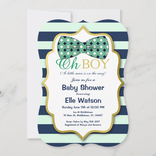 Teal and Navy Bowtie Baby Shower Invitations (Front)