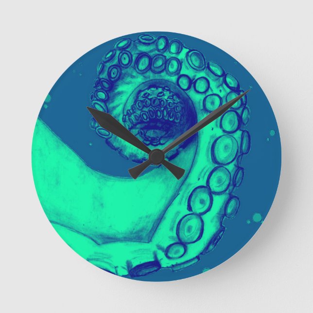 Teal and Navy Nautical Octopus Tentacle Round Clock (Front)