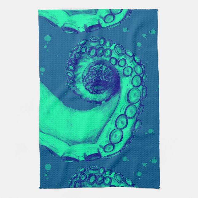 Teal and Navy Nautical Octopus Tentacle Tea Towel (Vertical)