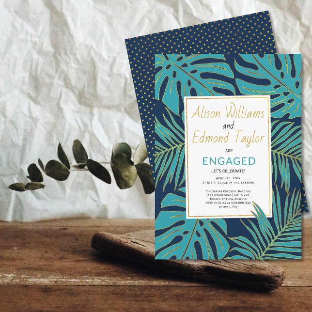 Teal and navy tropical leaves engagement party invitation (Creator Uploaded)
