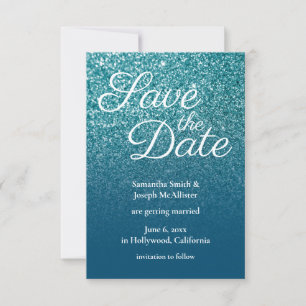 Teal and Ocean Blue Ombre Glitter Save the Date Invitation