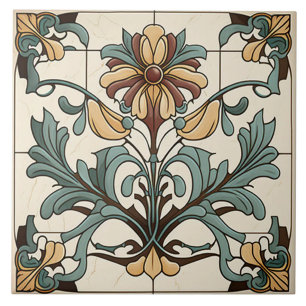 Teal and Ochre Art Nouveau Floral Tile