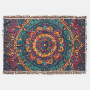 Teal and Ochre Mandala with Crimson Details Throw Blanket