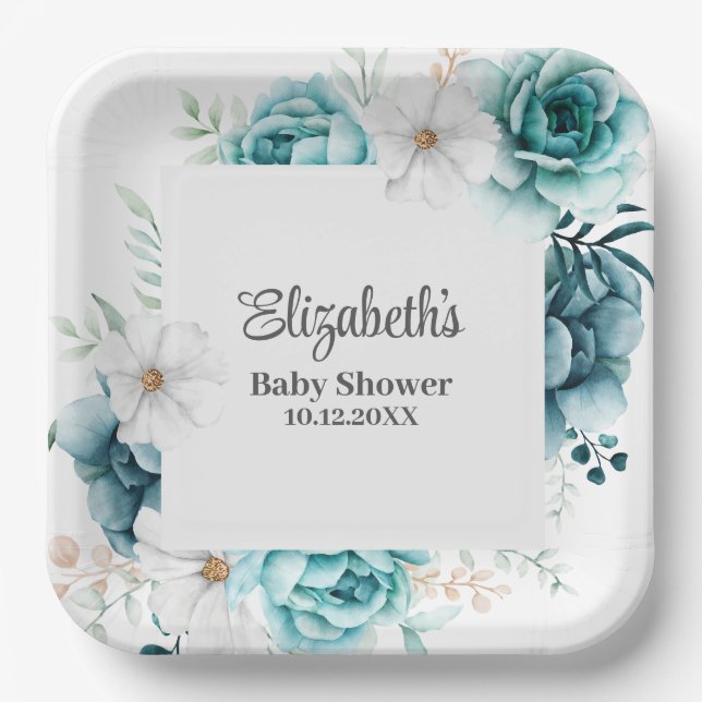 Teal and Off-White Baby Shower  Paper Plate (Front)