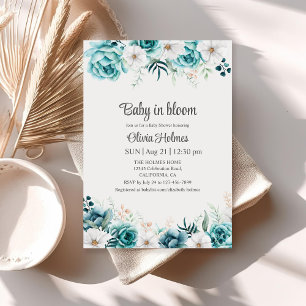 Teal and Off-White Floral Baby Shower Invitation