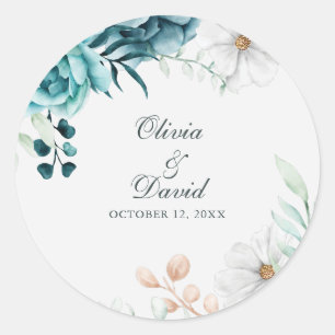 Teal and Off-White Wildflowers Wedding Classic Round Sticker