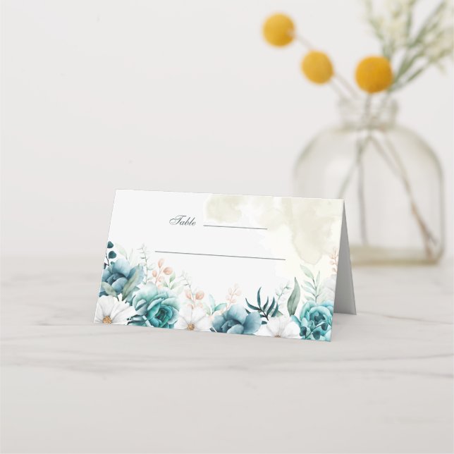Teal and Off-White Wildflowers Wedding Place Card (Front)