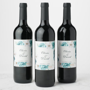 Teal and Off-White Wildflowers Wedding Wine Label