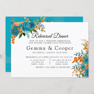 Teal and Orange Elegant Florals Rehearsal Dinner Invitation