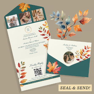 Teal and Orange Fall Wedding All In One Invitation