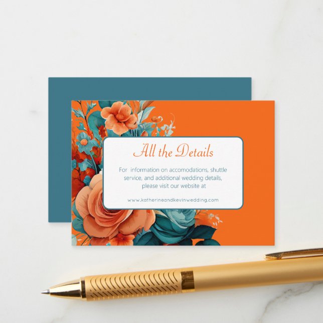 Teal and Orange Floral Wedding  Enclosure Card (Front/Back In Situ)
