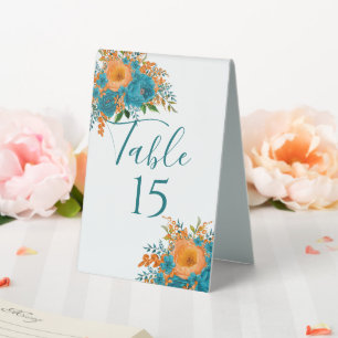 Teal and Orange Floral Wedding table Number