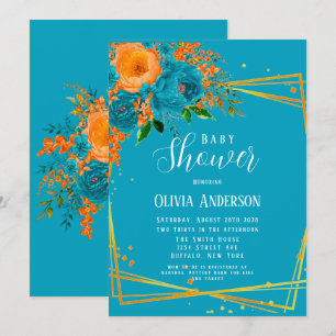  Teal and Orange Florals Gold Baby Shower Invitation