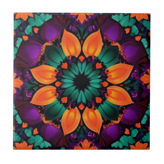 Teal and Orange flower with purple Tile