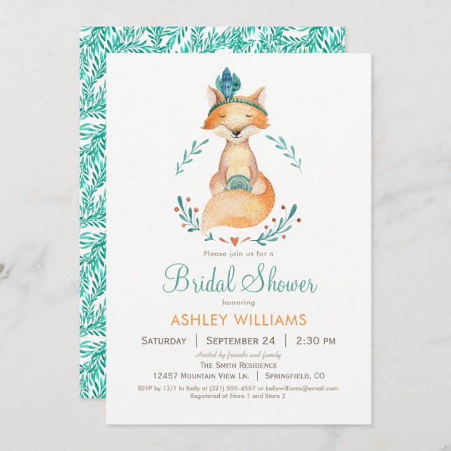Teal and Orange Fox Bridal Shower Invitation (Front/Back)