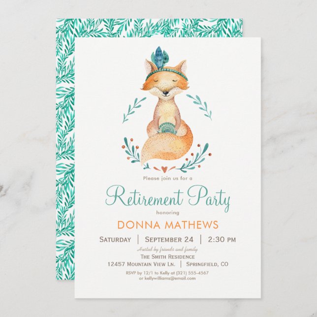 Teal and Orange Fox Retirement Party Invitation (Front/Back)