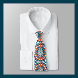 Teal and Orange Geometric Mandala Tie