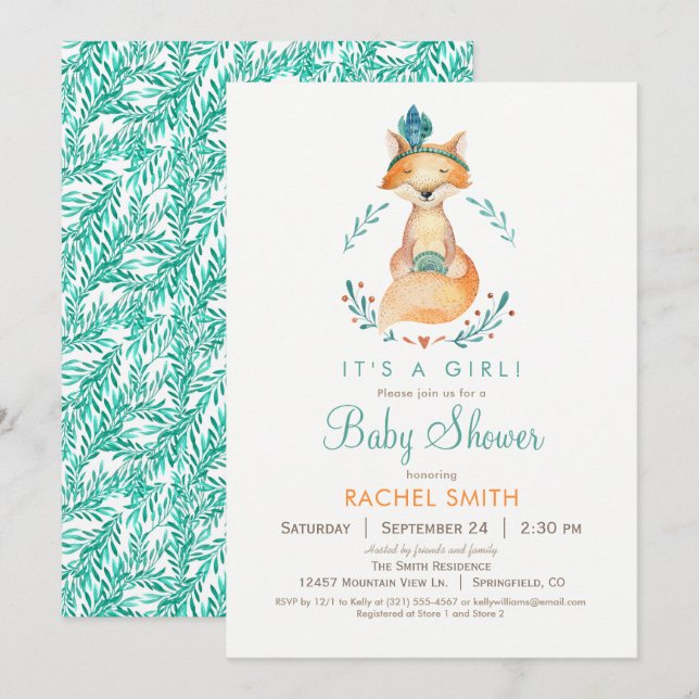 Teal and Orange Girl Fox Baby Shower Invitation (Front/Back)
