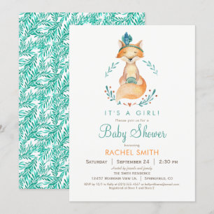 Teal and Orange Girl Fox Baby Shower Invitation