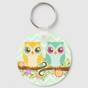 Teal and Orange Owls on Flower Branch - Key Chain