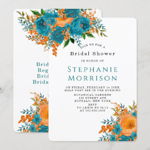 Teal and Orange Painted Floral Bridal Shower Invitation