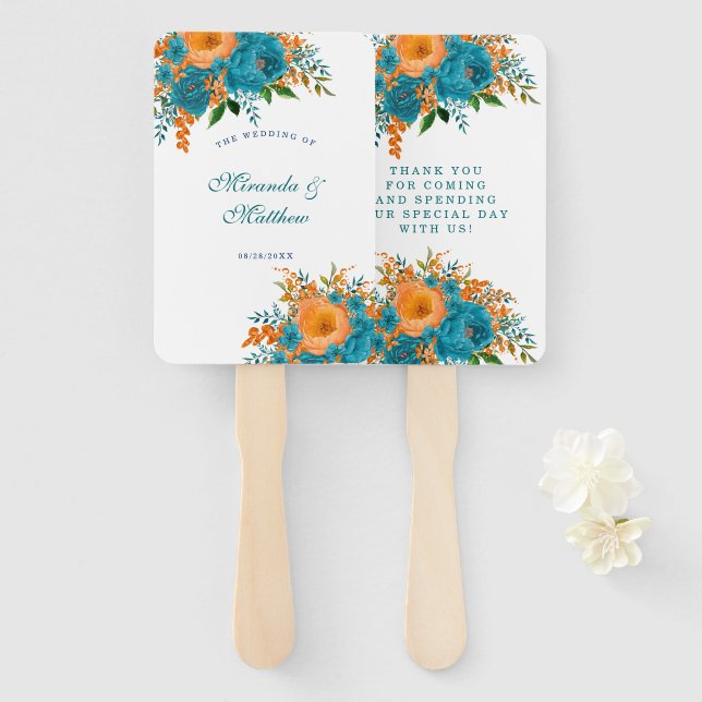 Teal and Orange Painted Floral Wedding Thank You Hand Fan (Front and Back)