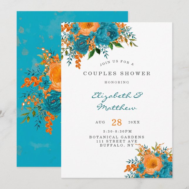 Teal and Orange Painted Florals Couples Shower Invitation (Front/Back)