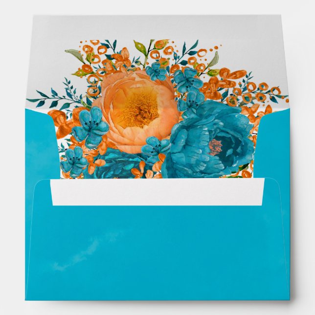 Teal and Orange Painted Florals Wedding Custom Envelope (Back (Bottom))