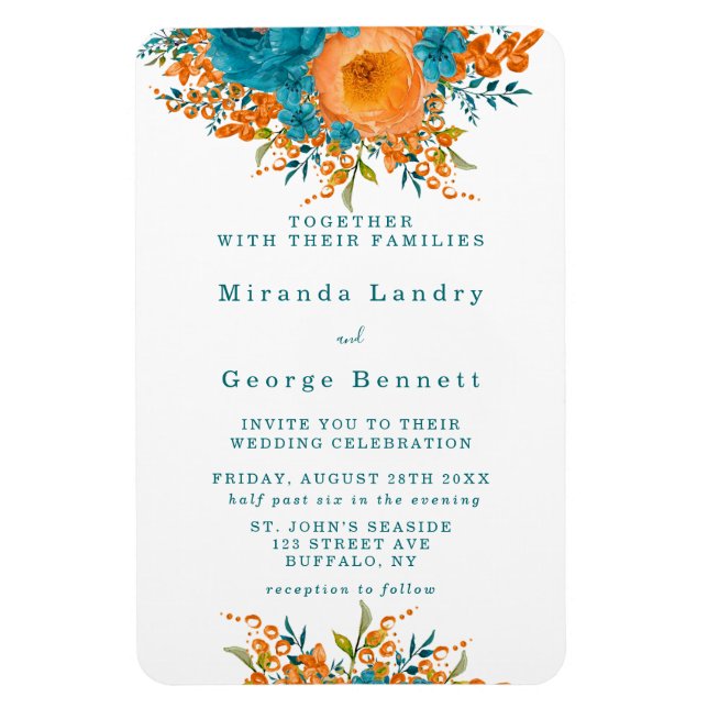 Teal and Orange Painted Florals Wedding Invite Magnet (Vertical)