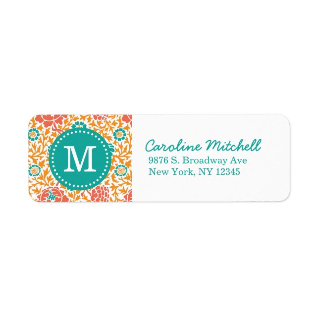 Teal and Orange Retro Floral Damask Monogram (Front)