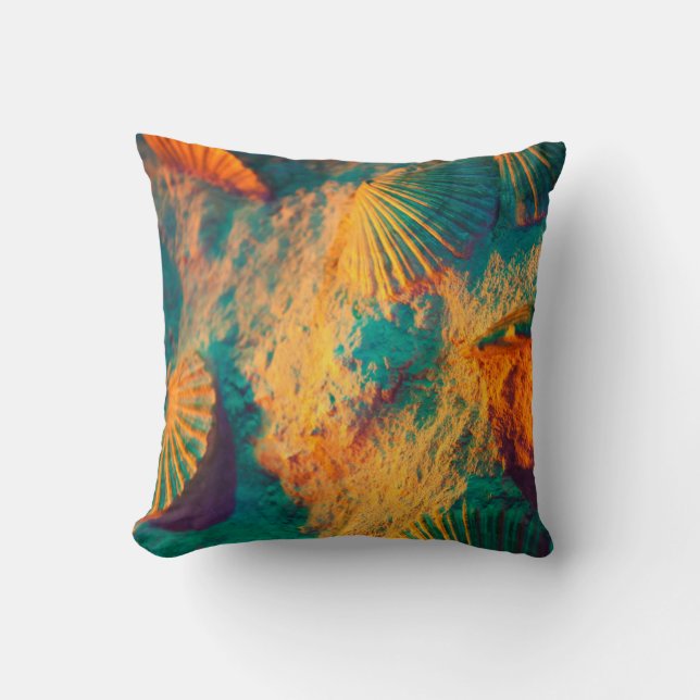 Teal and Orange Seashells and Sand Cushion (Front)