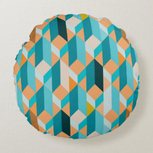 Teal And Orange Shapes Pattern Round Cushion