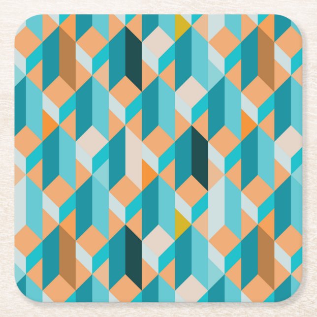 Teal And Orange Shapes Pattern Square Paper Coaster (Front)