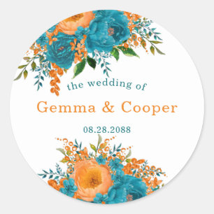 Teal and Orange Watercolor Floral Wedding Classic Round Sticker