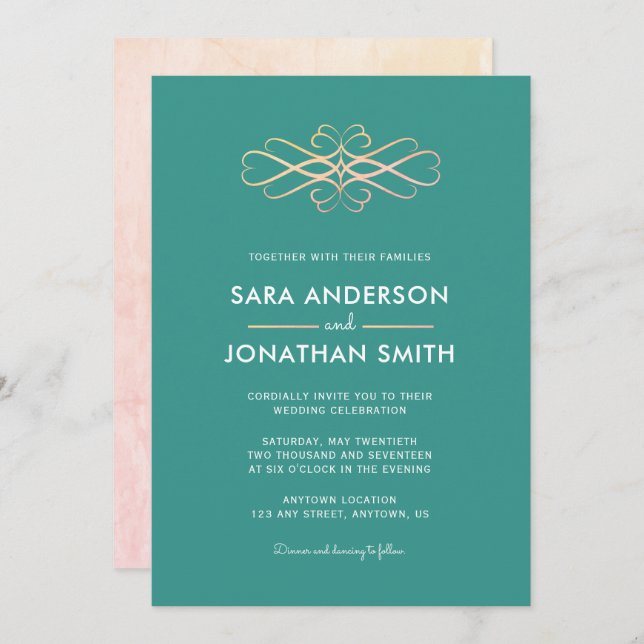 Teal and Orange Wedding Swirl Invitation (Front/Back)