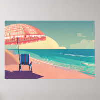 Teal and Peach Beach, Blue waterChair and Umbrella