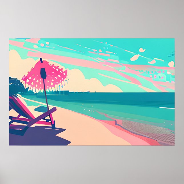 Teal and Peach Beach, Chair and Umbrella Poster (Front)