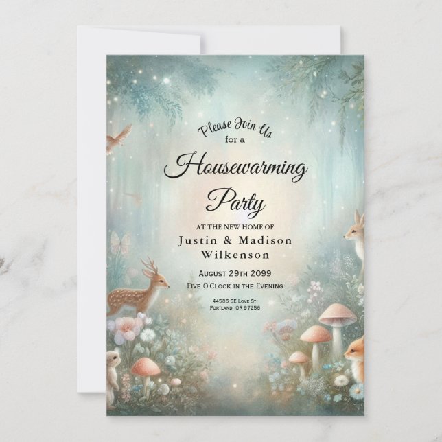 Teal and Peach Enchanted Forest Housewarming Invitation (Front)