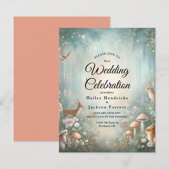 Teal and Peach Enchanted Forest Wedding Invitation (Front/Back)