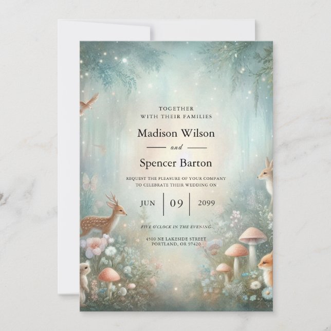 Teal and Peach Enchanted Forest Wedding Invitation (Front)