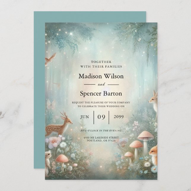 Teal and Peach Enchanted Forest Wedding Invitation (Front/Back)