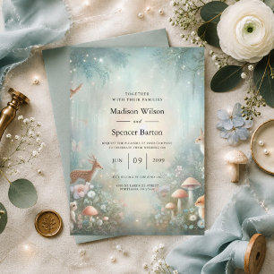 Teal and Peach Enchanted Forest Wedding Invitation