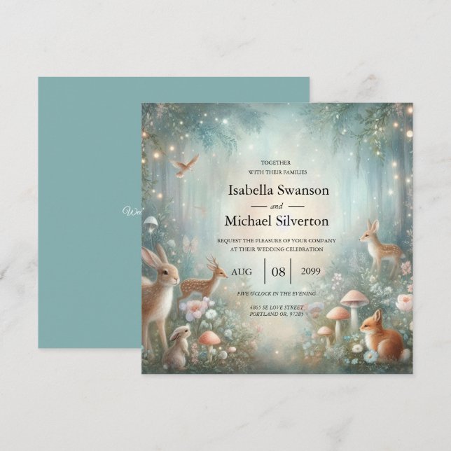 Teal and Peach Enchanted Forest Wedding Invitation (Front/Back)